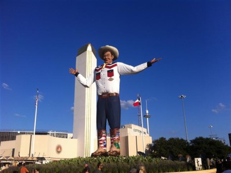 The new Big Tex towers over Fair Park at this years state fair. 