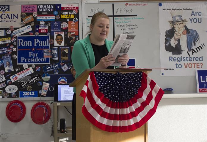 AP Government teacher Emily Worland goes over the Supreme Court during class. Worlands goal is to educate her classes on government operations to decrease political apathy.