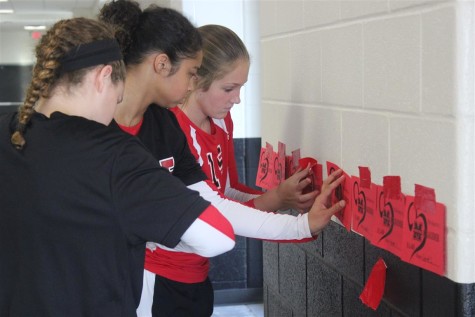 JV players Brooke Hildebrand Jillian Reece begin posting red slips of paper along the walls of the arena. Each slip symbolizes a $1 donation.