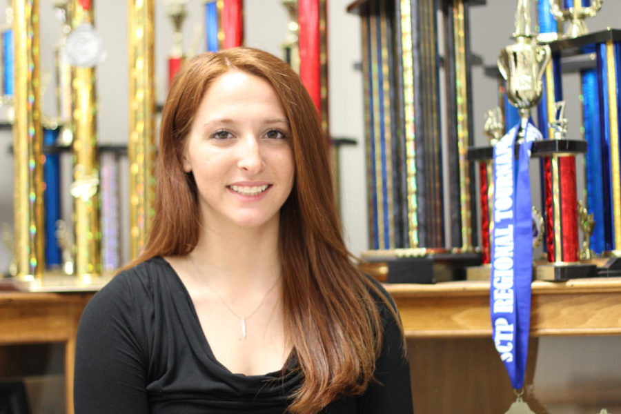 Junior Lexie Smoot has won many awards at national and state clay target tournaments. The team’s awards are displayed in Mr. Cooke’s room. 