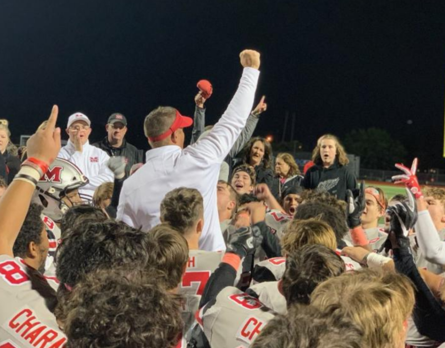 The Marauders celebrated their win after the game. It was their fifth straight victory of the season. 