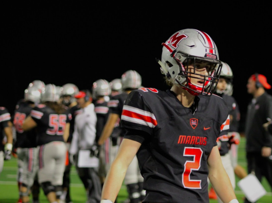 Junior defensive back Ty Johnson walks off of the field after a play. The Marauders defense ended the night with three sacks on third downs. 