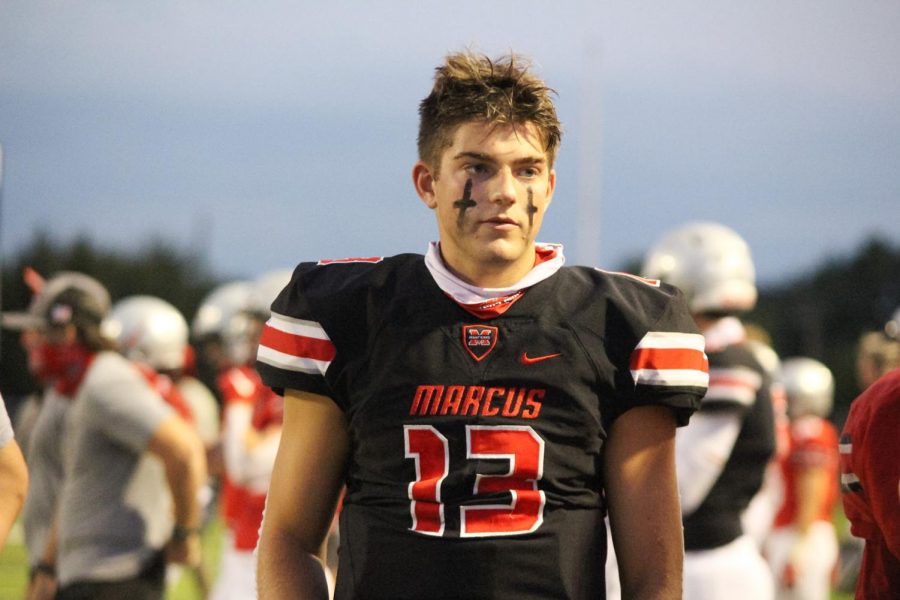 Senior Garrett Nussmeier takes a break during the Marauders scrimmage against Prosper.