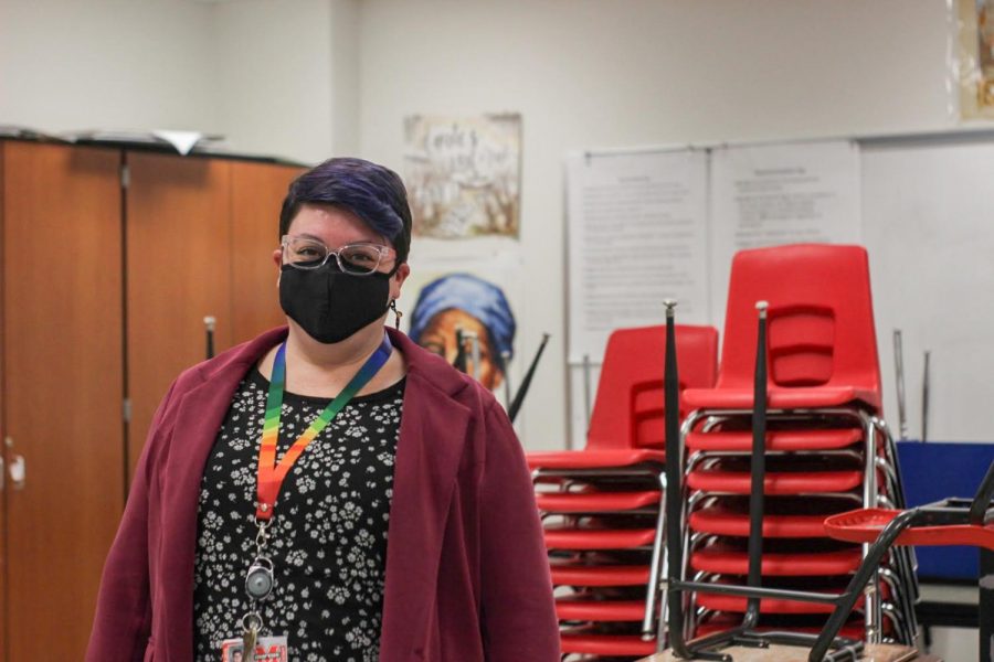 English teacher Ashley Gandy spends each day in her empty classroom teaching virtual classes. 