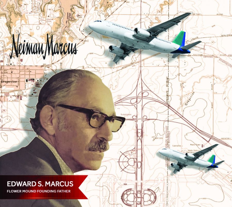 A restored image of Edward S. Marcus will be included on the mural. In the sample above, the background is made up of maps of the old Flower Mound area and airplanes, representing the DFW airport’s historical significance. 