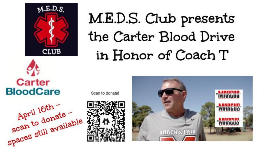 Students and staff can scan the QR code above to sign up to donate at the M.E.D.S. club blood drive, which is being held in honor of former coach Steve Telaneus. 