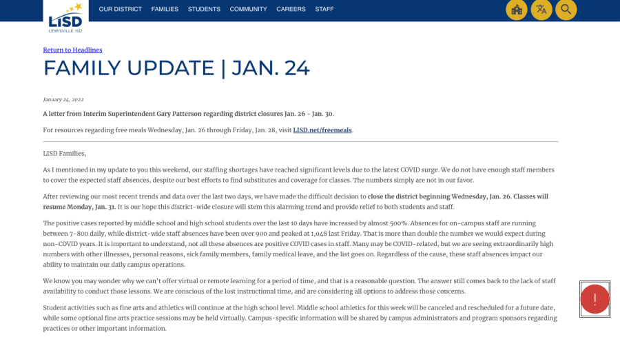 LISD Interim superintendent Gary Patterson released an update to parents about the school closure.