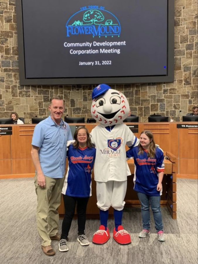 In January, Jeff Fisher joined seniors Brynn Hedges and Avery Harbour as they presented the remodel of Field 11 to Flower Mound Community Development Corporation. Photo submitted by Jeff Fisher.